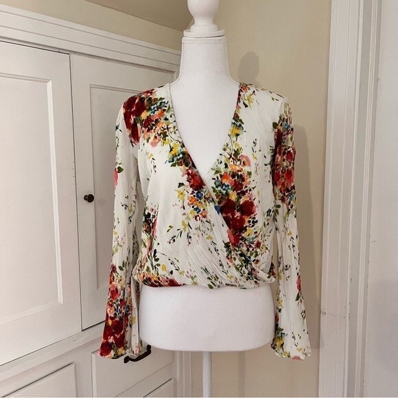 Love Stitch Floral Wrap Blouse with Crochet Design - Picture 1 of 9